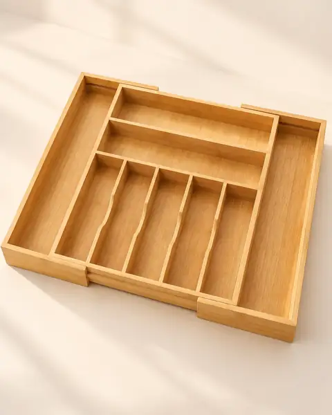 Expandable bamboo drawer organizer with its side trays pulled out