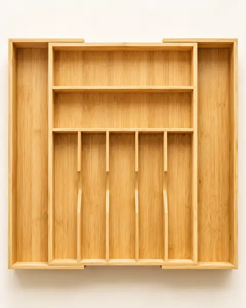 Bamboo drawer organizer from above, showing all nine compartments