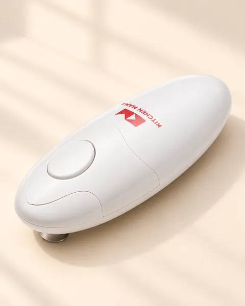 White Kitchen Mama electric can opener with its cutting wheel underneath