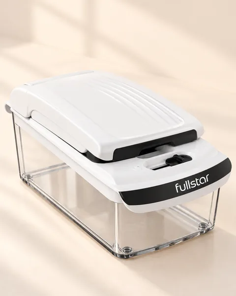 White Fullstar vegetable chopper closed on top of its clear container