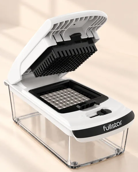 Fullstar chopper with the lid open, showing the dicing grid and blade insert