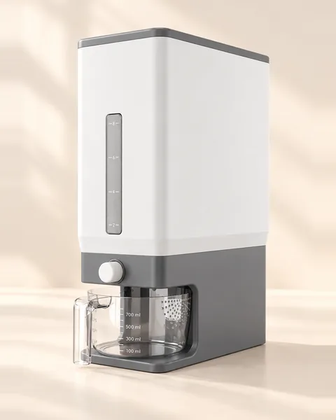 White and gray rice dispenser with a round button and a clear measuring cup underneath