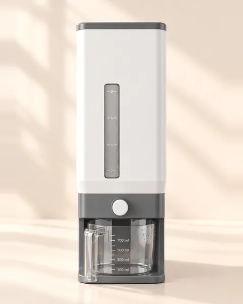 Rice dispenser from the front, showing the level window and the cup with ml marks