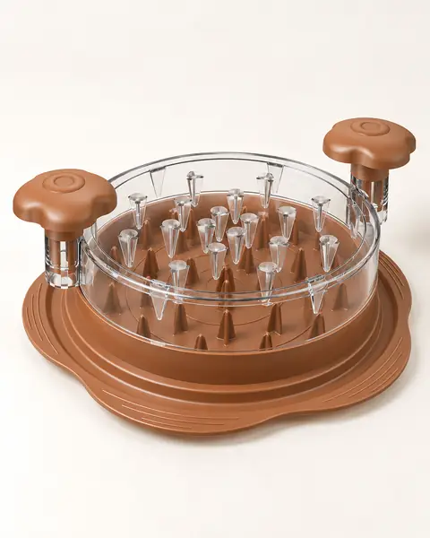 Brown chicken shredder with its clear spiked lid closed