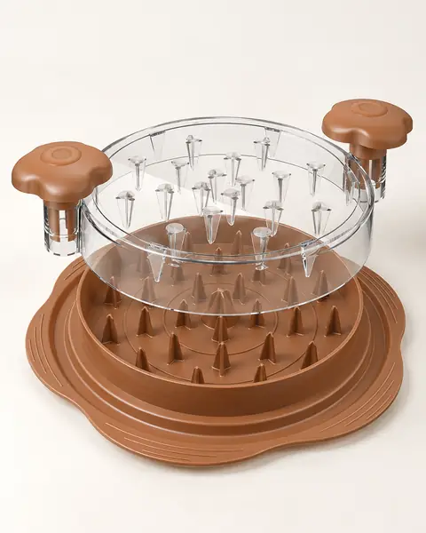 Chicken shredder with the lid lifted, showing the spikes in the base and lid