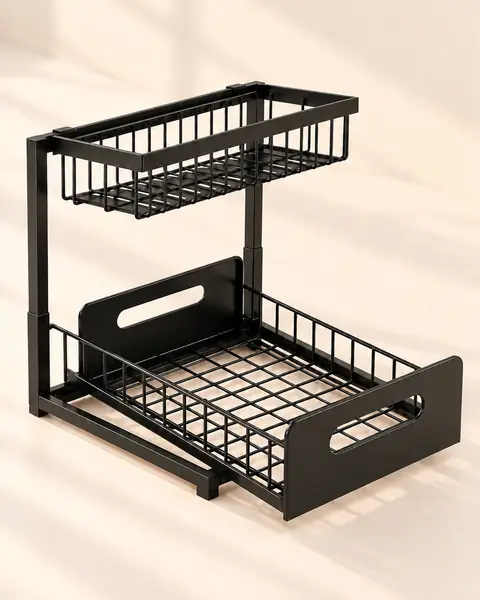Black two-tier wire organizer with the bottom basket pulled out